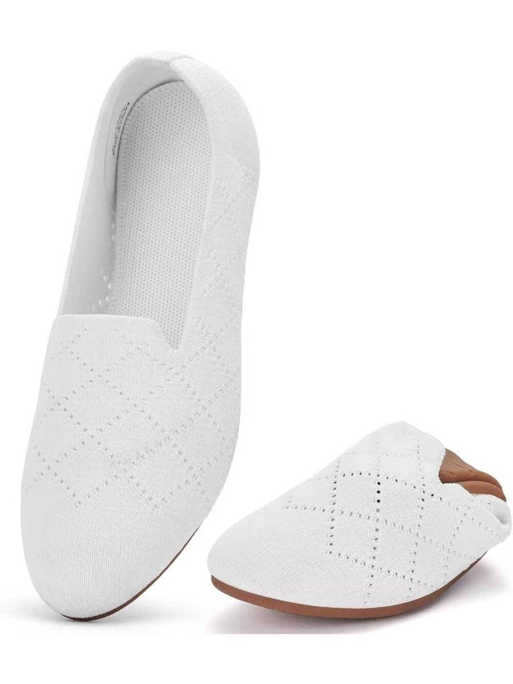 Women's White Ballet Flat Knit Round Toe Textile Slip On Walking Shoes